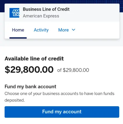 American Express business line of credit showing $29,800 available
