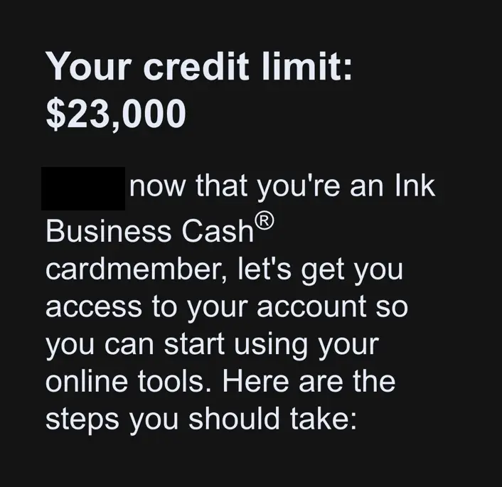 Redacted Chase Ink Business Cash approval email showing a $23,000 credit limit