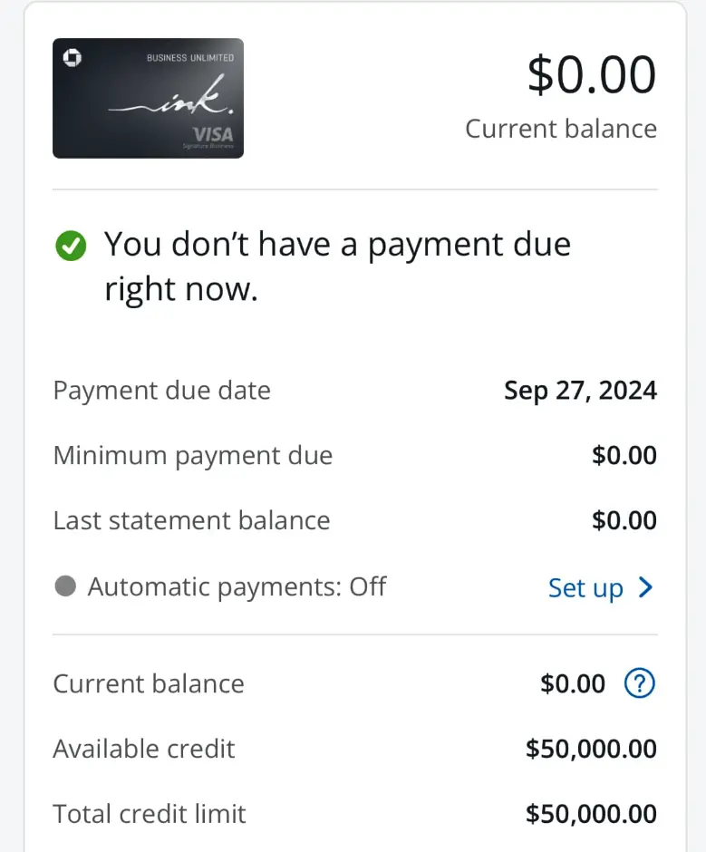 Chase Business Unlimited account showing $50,000 available credit