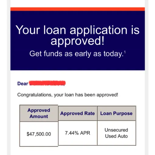 Loan approval showing $47,500 approved at 7.44 percent APR