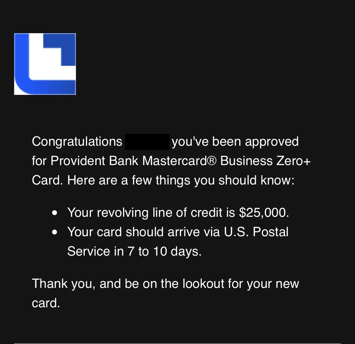 Redacted Provident Bank approval email showing a $25,000 revolving line of credit