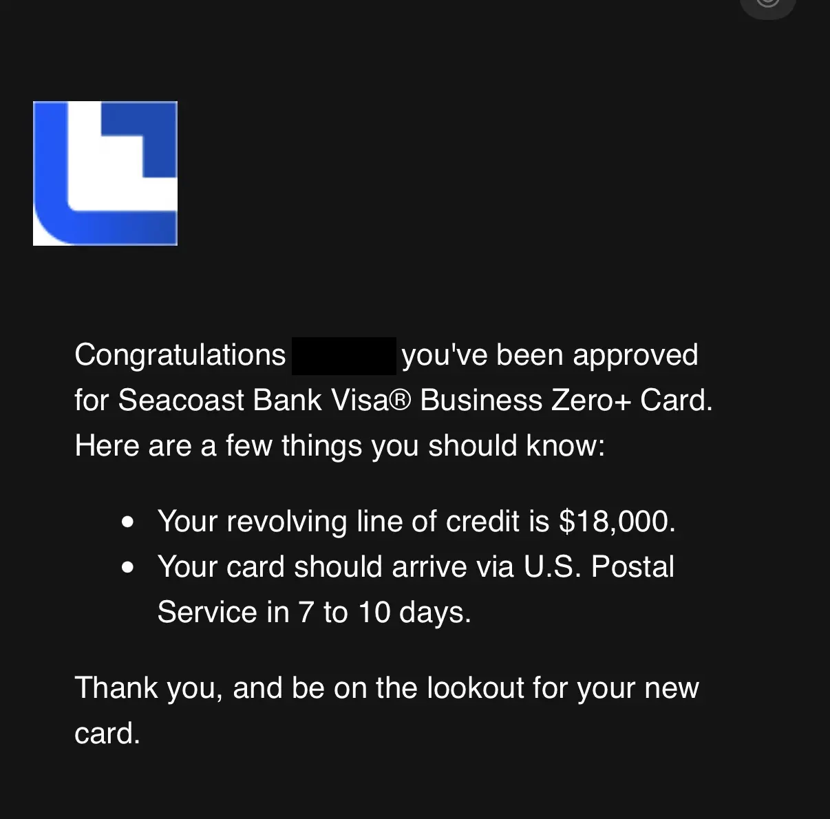 Redacted Seacoast Bank approval email showing an $18,000 revolving line of credit
