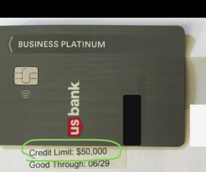 Redacted U.S. Bank Business Platinum approval showing a $50,000 business credit limit